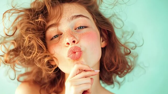 Close up portrait of a young woman with curly red hair, freckles, and blue eyes puckering her lips and winking against a turquoise background, showcasing beauty, cosmetics, and playful expression