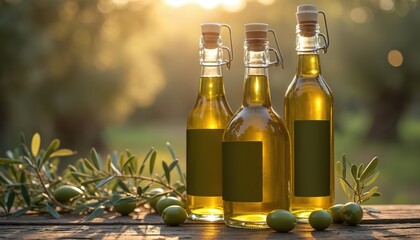 Olive oil bottles with blank labels. Fresh olives branch. Rustic wooden table with green leaves. Concept of healthy food, diet. Mediterranean diet ingredient. Food photo.