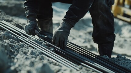 Construction worker cutting metal rods at a building site. Featuring precision and focus