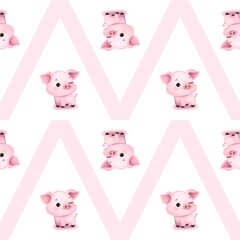 Cute seamless pattern with a funny pink pig and pink zigzag on a white background