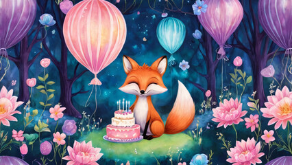 Fototapeta premium In a vibrant forest, a fox sits by a birthday cake and balloons