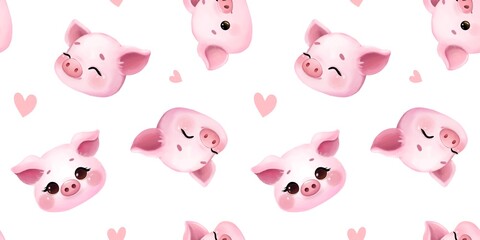 Fototapeta premium Cute seamless pattern with a funny pink pig face on a white background with hearts