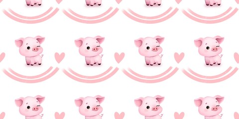 Cute seamless pattern with a funny pink pig on a white background with pink hearts