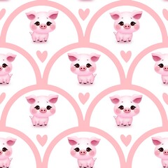 Cute seamless pattern with a funny pink pig on a white background with pink hearts