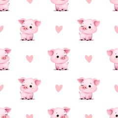 Cute seamless pattern with a funny pink pig on a white background with pink hearts