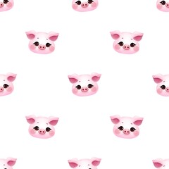 Cute seamless pattern with the image of a funny face of a pink pig on a white background