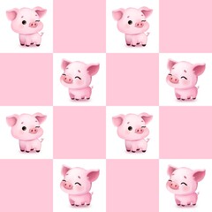 Cute seamless pattern with a funny pink pig and pink squares in a checkerboard pattern