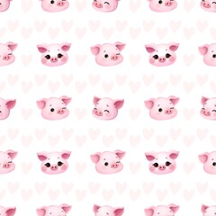 Obraz premium Cute seamless pattern with a funny pink pig face on a white background with hearts
