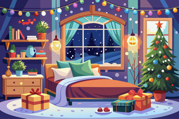 Obraz premium Cozy bedroom with a bed by the window with Christmas decorations and a Christmas tree and warm light garlands and candles - interior view in winter and snow. Christmas and New Year, celebrate Christma