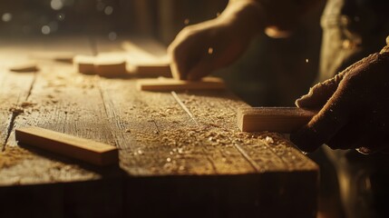 Carpenter measuring wooden planks for furniture. Featuring precision and care