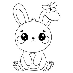 Adorable bunny with butterfly on ear - Easter cartoon illustration