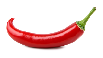 A red pepper is shown with its stem and green top. The pepper is long and slender, with a pointed tip