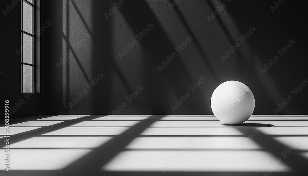 Fototapete Minimalist white cube in a sunlit modern room with shadows creating dynamic patterns on the floor during daylight
