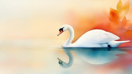   A white swan gracefully glides atop a tranquil pond beside an orchard of vibrant red and orange foliage