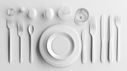 Elegant White Table Setting with Plates Cutlery and Glassware for Formal Dining or Events