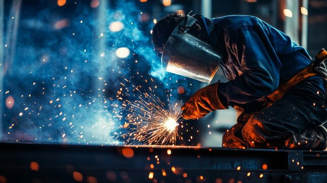A structural welder fusing steel beams on a skyscraper. Featuring sparks and precision
