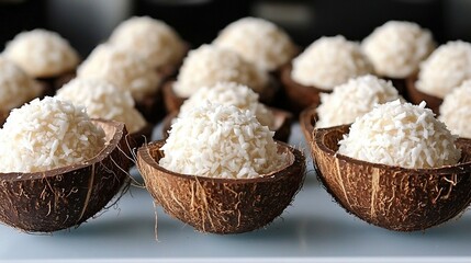   A close-up of a tray of halved coconuts