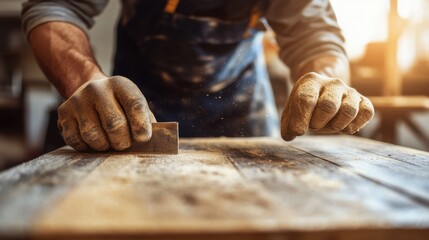Carpenter sanding a custom wooden table top. Featuring attention to detail and craftsmanship
