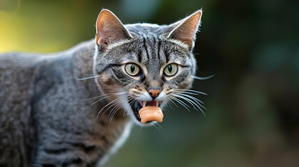 Fototapeta premium Close-Up Of A Gray Tabby Cat Eating A Treat In A Green Outdoor Setting With A Blurry Background