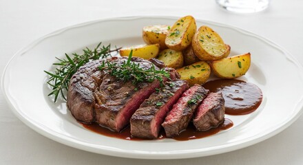 Sliced steak with potatoes and rosemary on a white plate food photography.