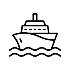 Cruise Ship Icon on Waves in Simple Line Art Style  