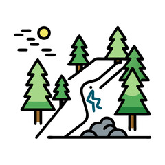 Fototapeta premium Hiking trail with a hiker and trees in a vibrant landscape 