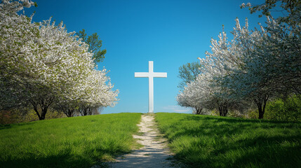 Big cross on a green hill with blue sky background 