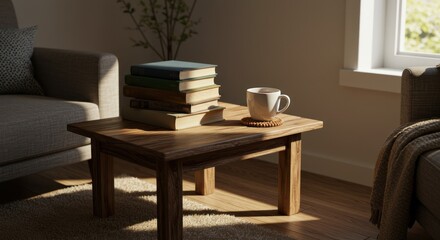 Cozy living room scene with books mug and sunlight on a wooden table.