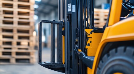 Forklift operator transporting pallets of supplies across a warehouse. Featuring strength and efficiency