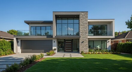 Modern house with large windows and green lawn under a clear blue sky.
