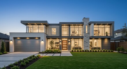 Modern house with large windows and green lawn under a clear blue sky.