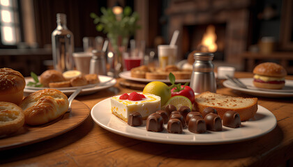 Naklejka premium A rustic yet elegant setting with layered textures of food, warmth, and welcoming vibes