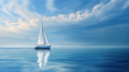 Fototapeta premium A tranquil sailboat glides across a serene blue ocean under a vast, cloudy sky.