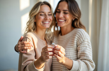 Happy lesbian couple engagement day. Two smiling women show ring. Marriage proposal concept, love love. Friendship, togetherness, relationship. Focus on ring, window sunlight. Ideal for wedding, LGBT