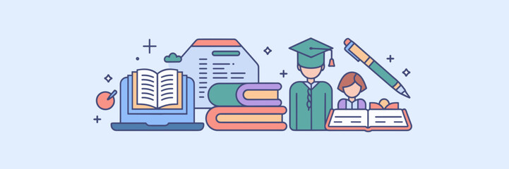 Education and online learning icons with laptop, books, and teacher – Perfect for e-learning, educational platforms, or online course promotions.