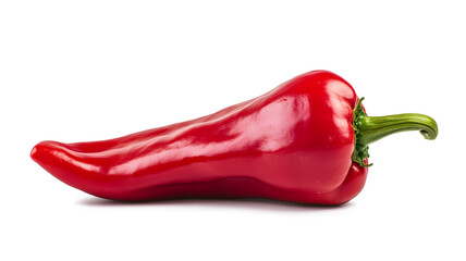 A red pepper is shown on a white background. The pepper is long and slender, with a green stem at the top. Concept of freshness and natural beauty