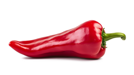 A red pepper is shown on a white background. The pepper is long and slender, with a green stem at the top. Concept of freshness and natural beauty