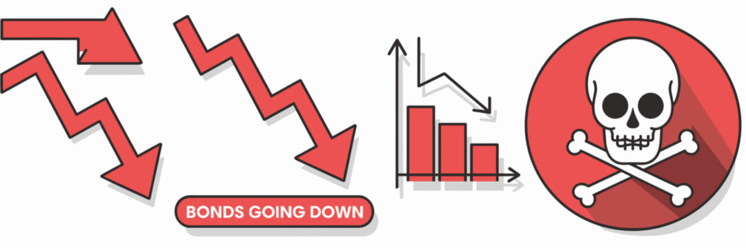 Stock market crash icon sheet with arrows, falling graph, and skull and crossbones – Great for financial warnings, market risk content, or investment advice.
