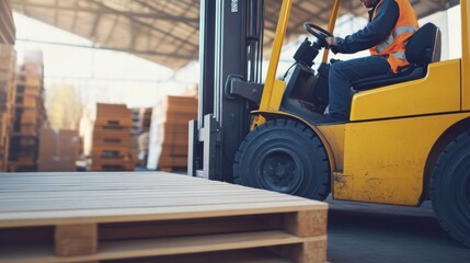 Forklift operator unloading construction materials at a warehouse. Featuring strength and efficiency