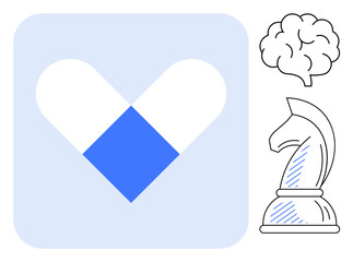 Capsule forming a heart, brain symbolizing intelligence, and a chess knight for strategy. Ideal for health, medicine, mental wellness, creativity, strategy, innovation flat simple metaphor