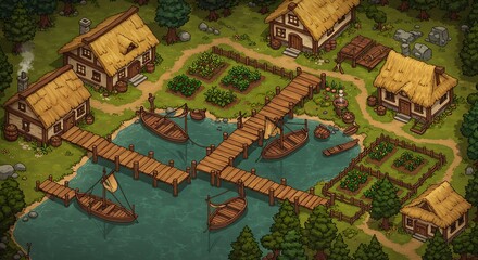 Obraz premium Village Scene with Boats and Docks on a Pond Landscape