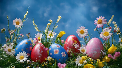 Vibrant easter eggs surrounded by spring flowers on a blue background for a joyful easter card