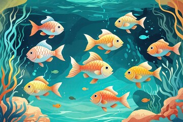 Fototapeta premium Joyful Fish Swimming in Serene Turquoise Waters - A Blissful Illustration of Calm and Playful Aquatic Themes