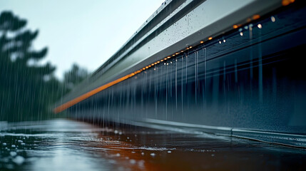 Obraz premium Durable metal rain gutter system secured to roof for effective rainwater drainage and protection