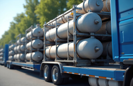 Mobile gas refueller for CNG transportation. Truck carries metal tanks with compressed natural gas. Fuel supply logistics industry. Refuelling system. Energy sector transportation. Crude oil delivery.