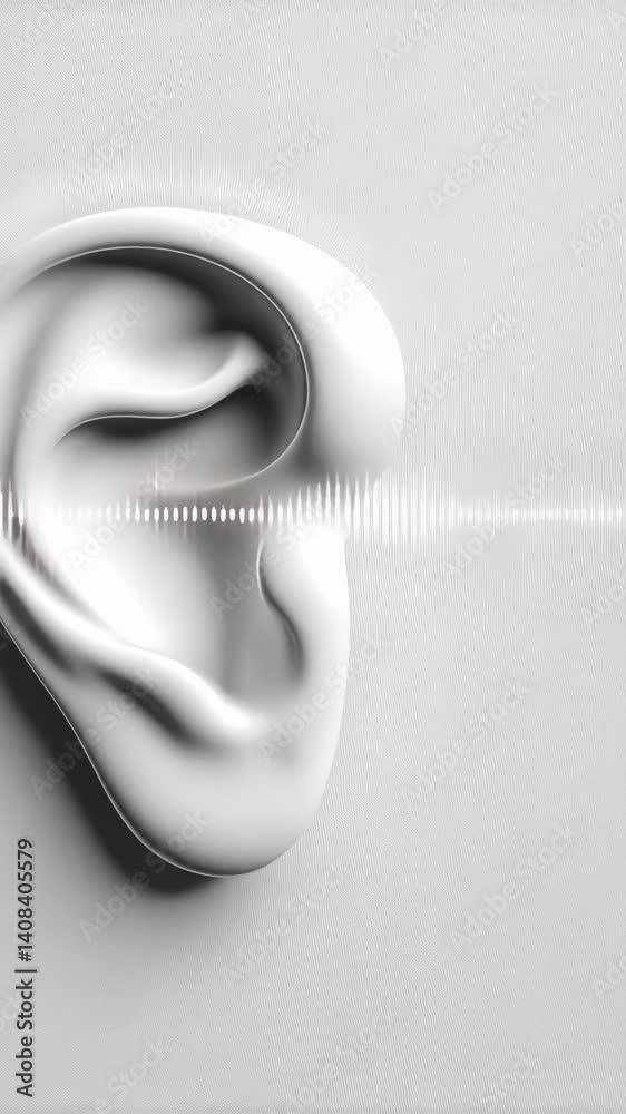 Poster sound waves flowing dynamically near stylized white human ear, revealing intricate auditory percepti