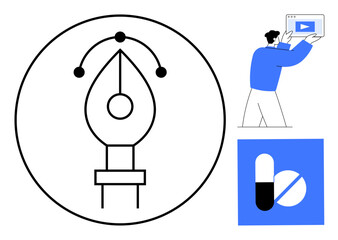 Pen tool in focus symbolizing creativity, person holding video thumbnail, and medicine icon. Ideal for design trends, digital content, health tech, user interface, creativity, branding simple