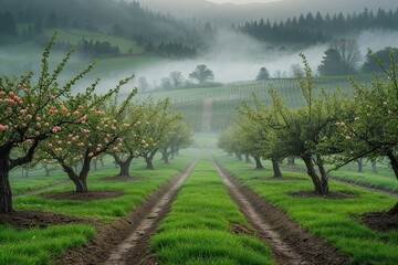 Whimsical Orchard Landscape in Spring Embraced by Mist and Greenery