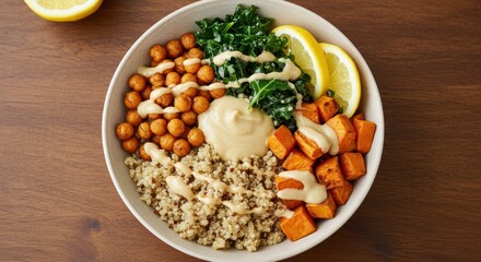 Bowl with quinoa chickpeas kale sweet potato lemon and sauce on wooden surface.