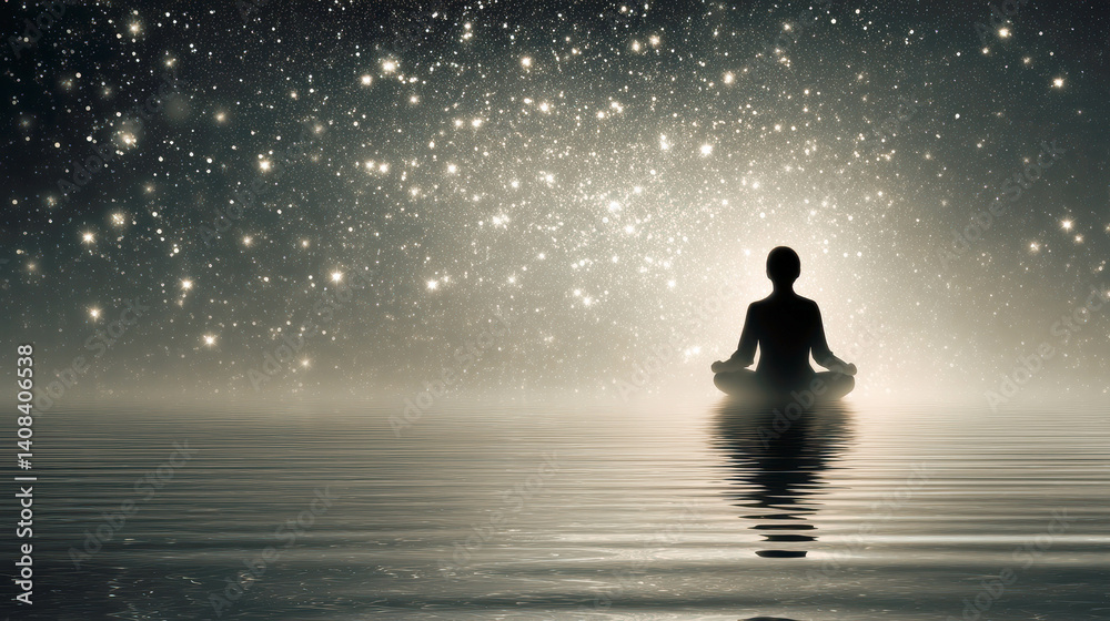 Poster silhouette meditating in lotus pose under a starry sky with reflections in calm water
